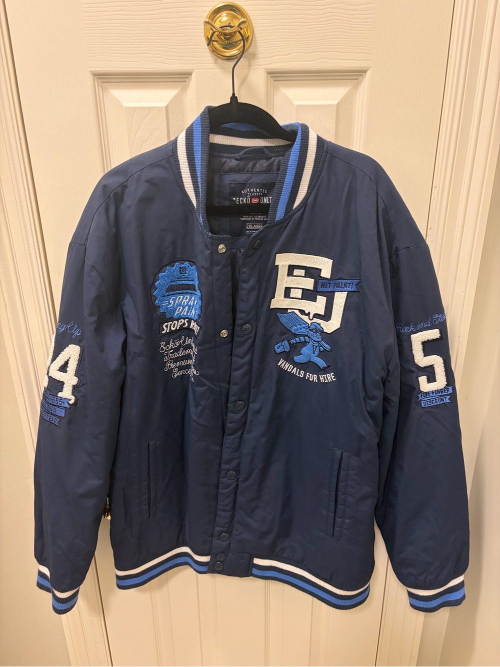 Ecko Unlimited Men’s Navy Blue Varsity Jacket with White Trim